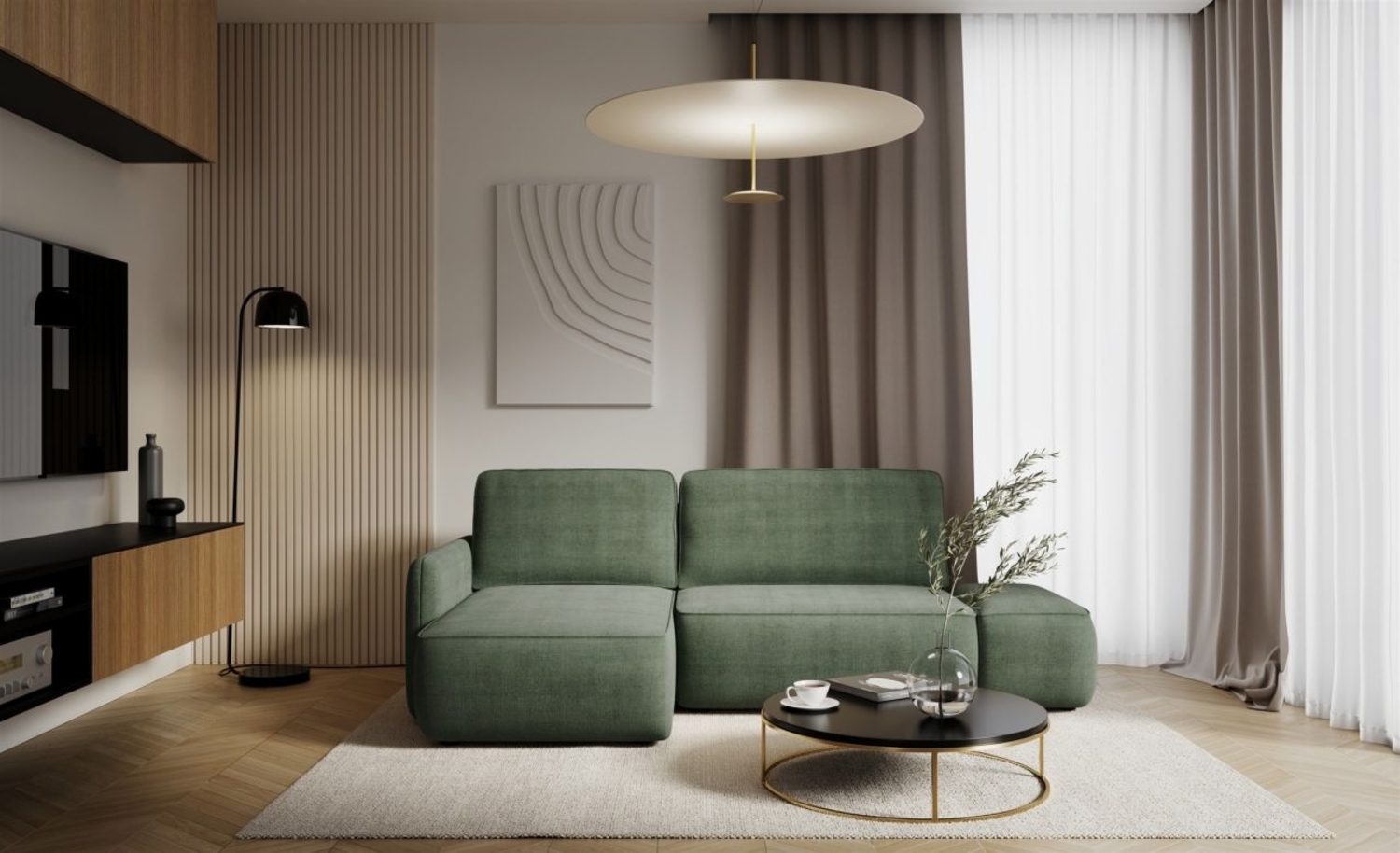 Ecksofa mit Schlaffunktion Sofa LUKA in Stoff Cremona Grün Ottomane Links Bild 1