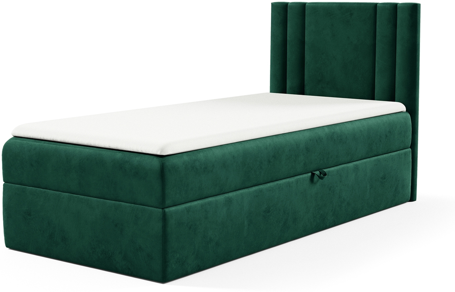 MEBLINI Kinderbett mit Bettkasten CARDI 90x200 Rechts – H3/Grün Samt Gepolstert Einzelbett mit Matratze - Polsterbett mit Stauraum - Bett mit Kopfteil – Stauraumbett Bild 1