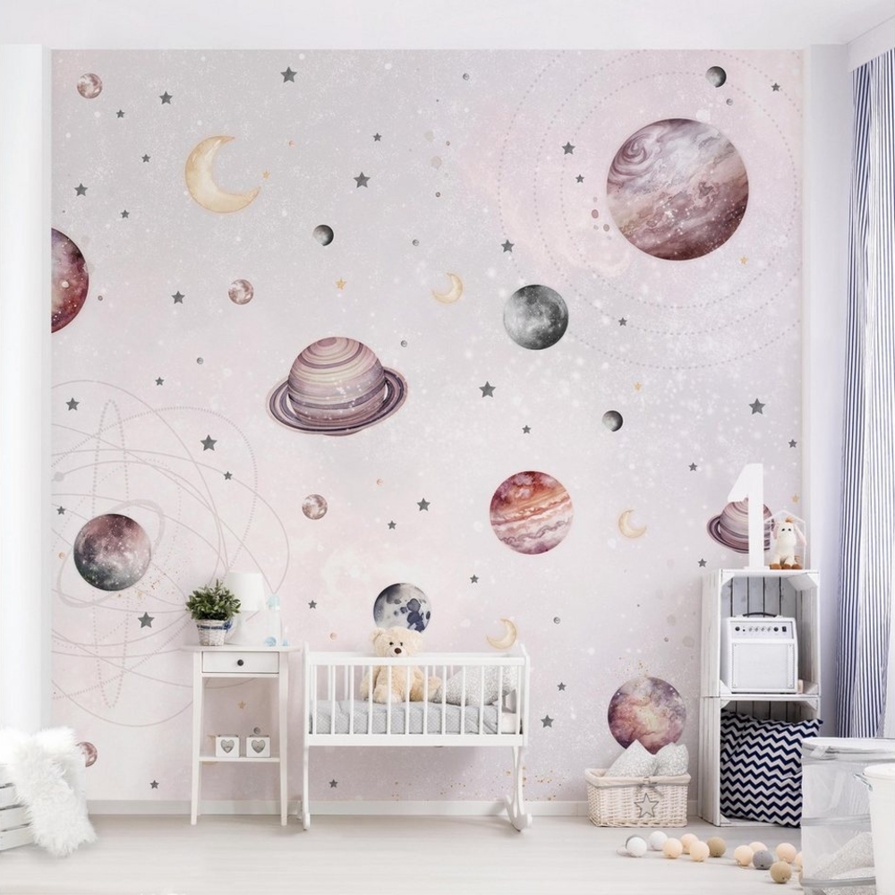Bilderdepot24 Kindertapete Planeten Mond Sterne Aquarell Illustration Kinder Weltall pastell, Glatt, Matt, (Vliestapete inkl. Kleister oder selbstklebend), Mädchenzimmer Jungenzimmer Babyzimmer Bildtapete Fototapete Wandtapete Bild 1