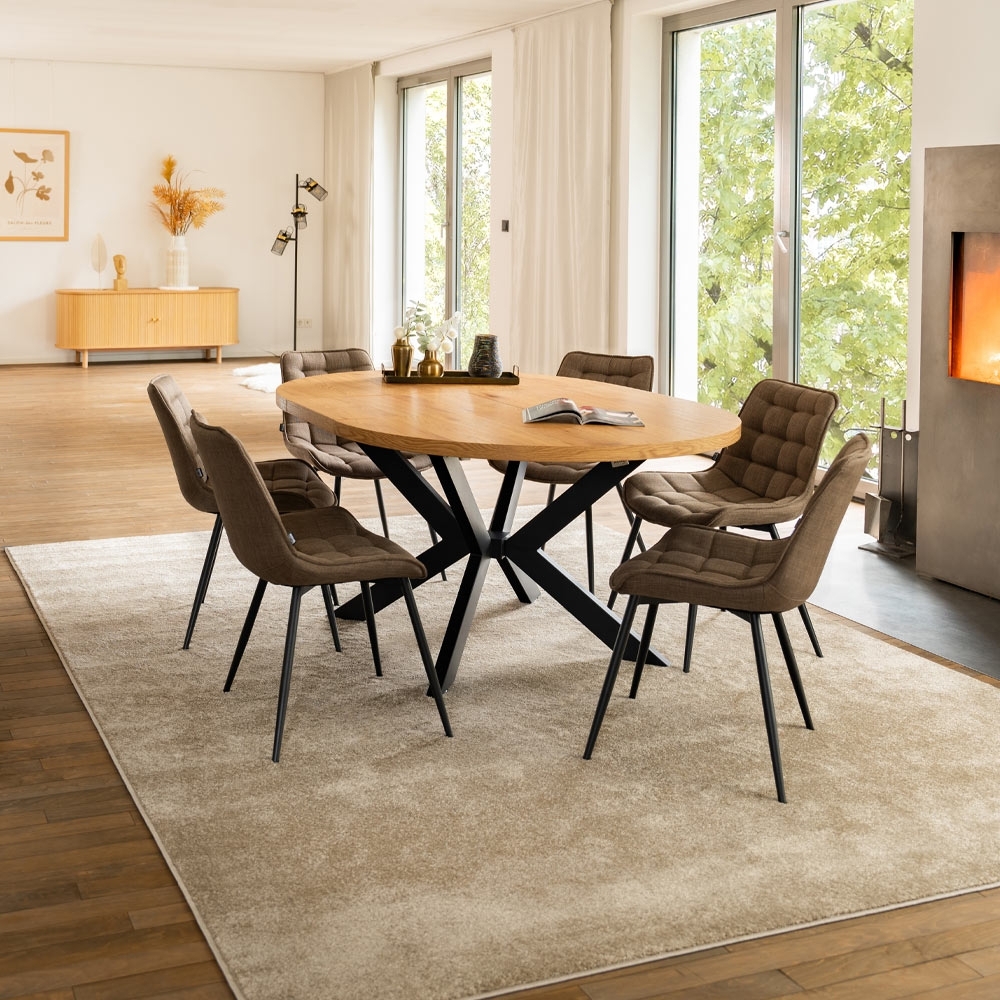 HOME DELUXE Essgruppe Rund Ausziehbar AVENTURA inkl. Sternfuß - 120-160 x 120 cm Light Oak 6 Stühle Grau Bild 1