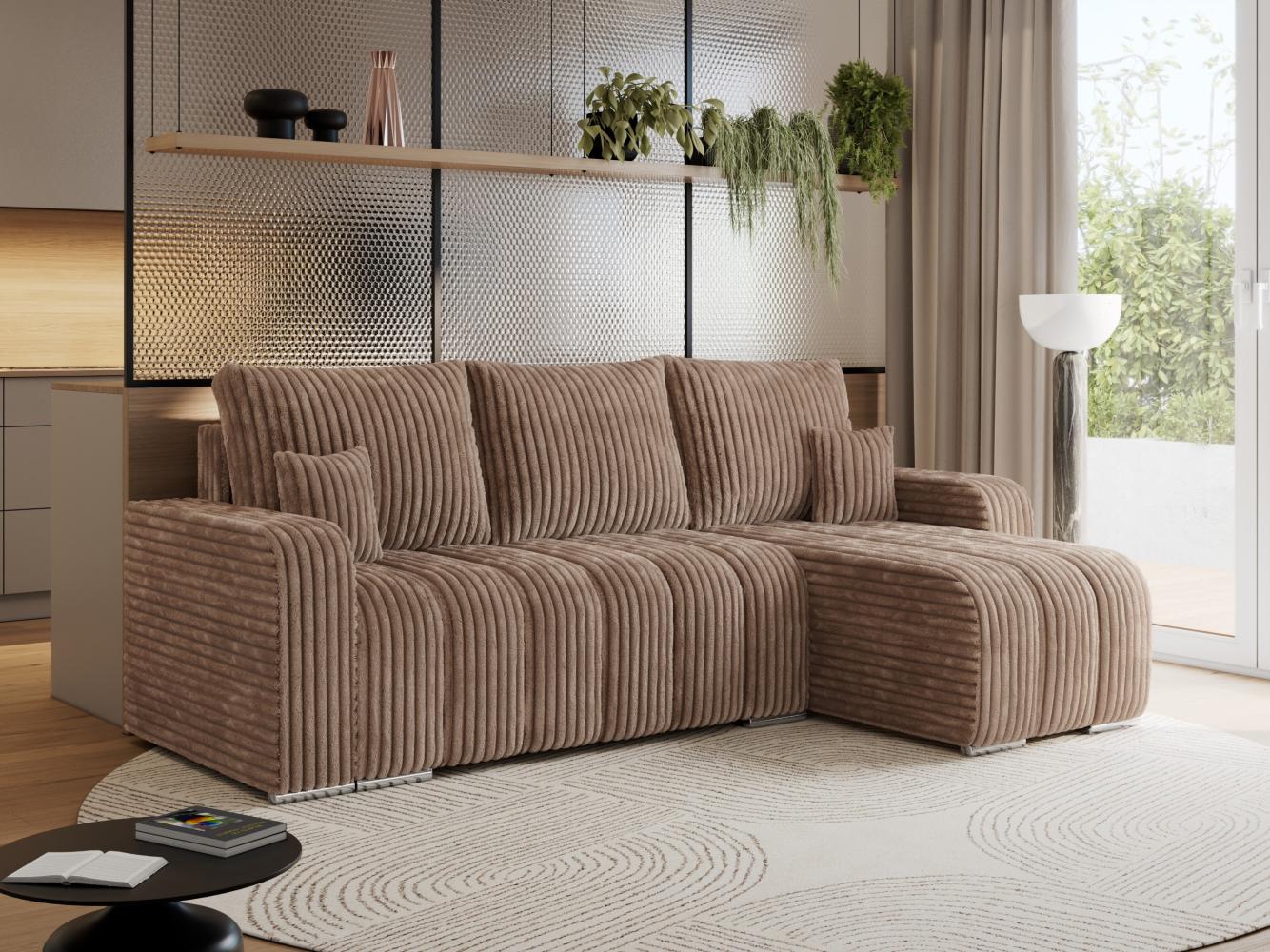 Universelles Ecksofa in Streifen genäht mit Schlaffunktion und Bettkasten, modern Stil - KIRASSO - Braun Cord Bild 1