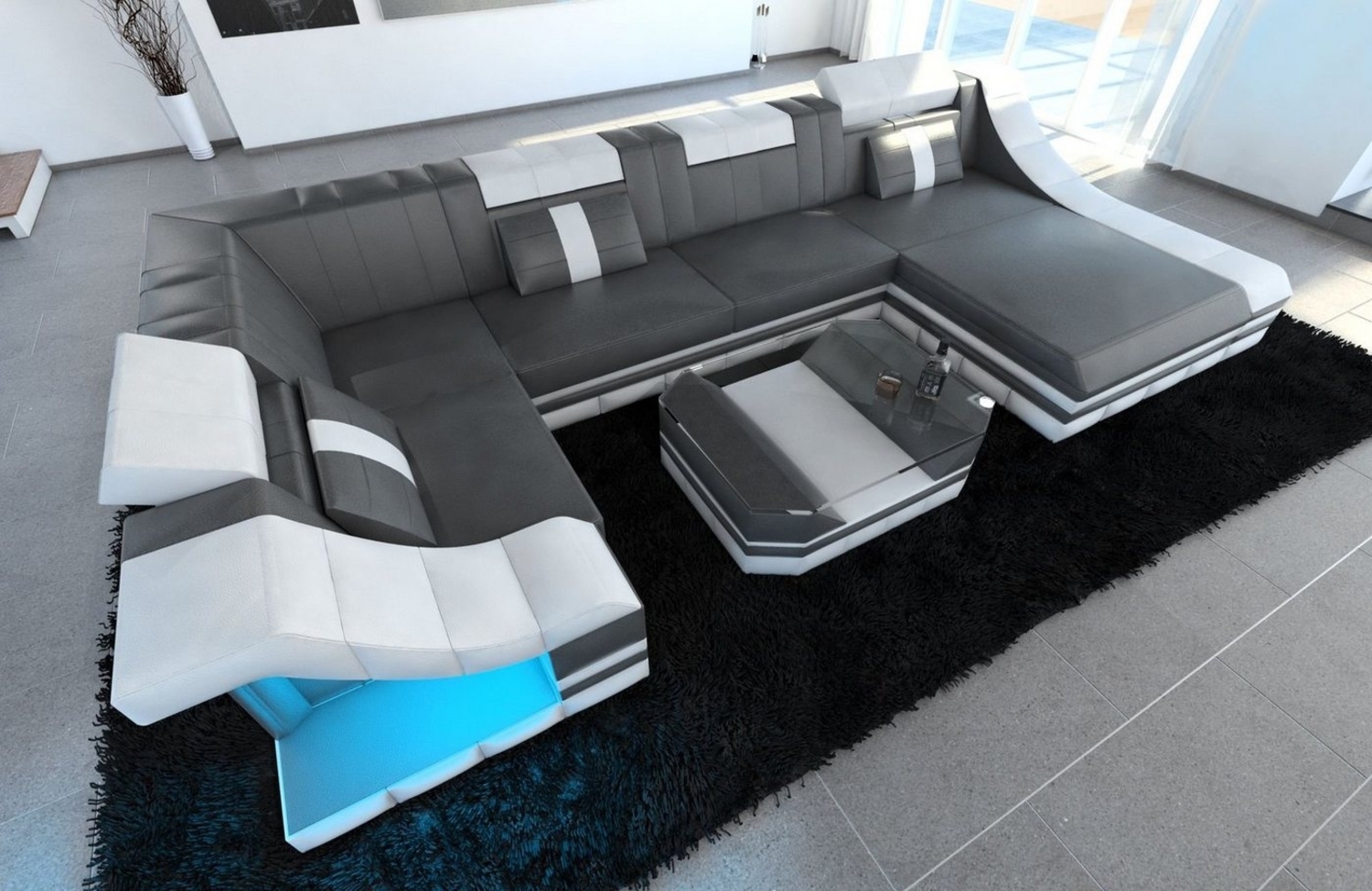 Sofa Dreams Wohnlandschaft Ledersofa Ledercouch Turino U Form Leder Sofa, Couch, Ottomane, USB, LED-Beleuchtung, Optionaler Schlaffunktion Bild 1