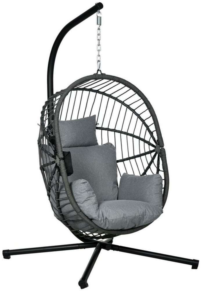 Outsunny Hängesessel Hängeschaukel mit Kissen, Hängestuhl mit Klappbarem (Sitzkorb, 1-St, Becherhalter), Rattanoptik für Indoor, Outdoor, bis 120 kg Belastbar, Stahl, Grau Bild 1