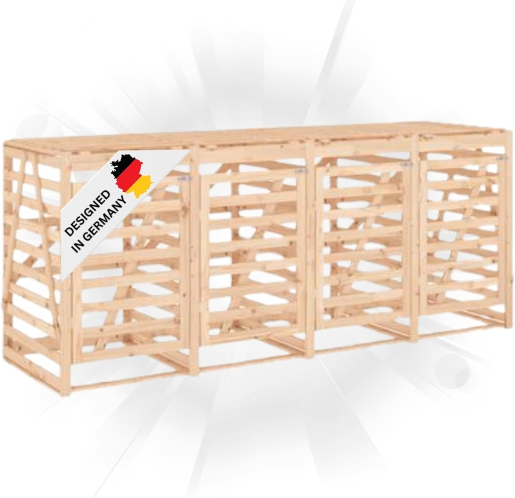 DELUKE® 4er Mülltonnenbox Kiefernholz BOUMI 318x91,5x128,5cm Natur Mülltonnenverkleidung für 4 Tonnen Müllbox aus Holz Mülltonnenschutz Mülltonnendach Bild 1
