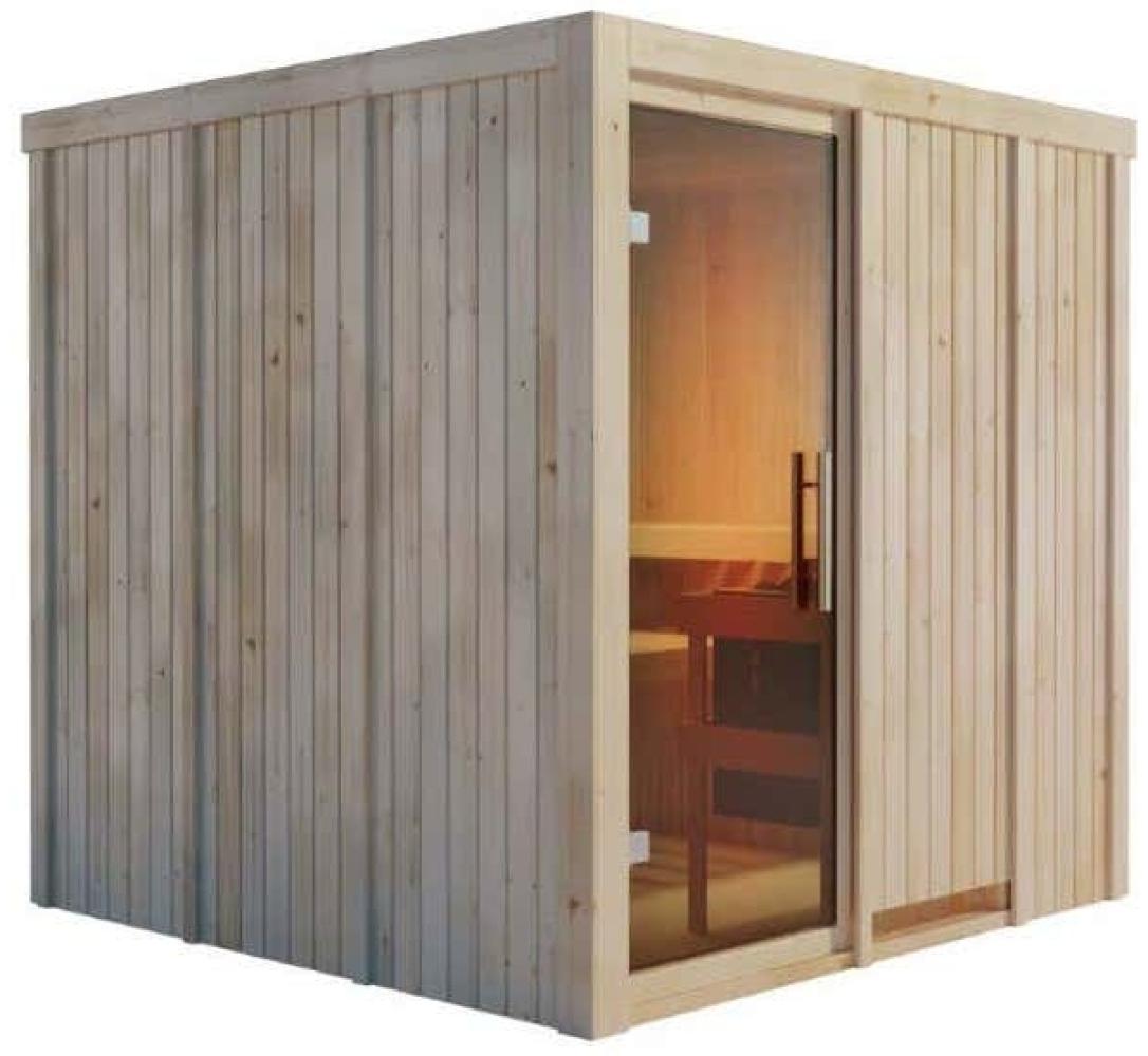 Karibu Sauna Rodin mit Fronteinstieg Innensauna 3 Sitzbänke aus Holz Saunakabine mit 68 mm Wandstärke Dampfsauna Bild 1