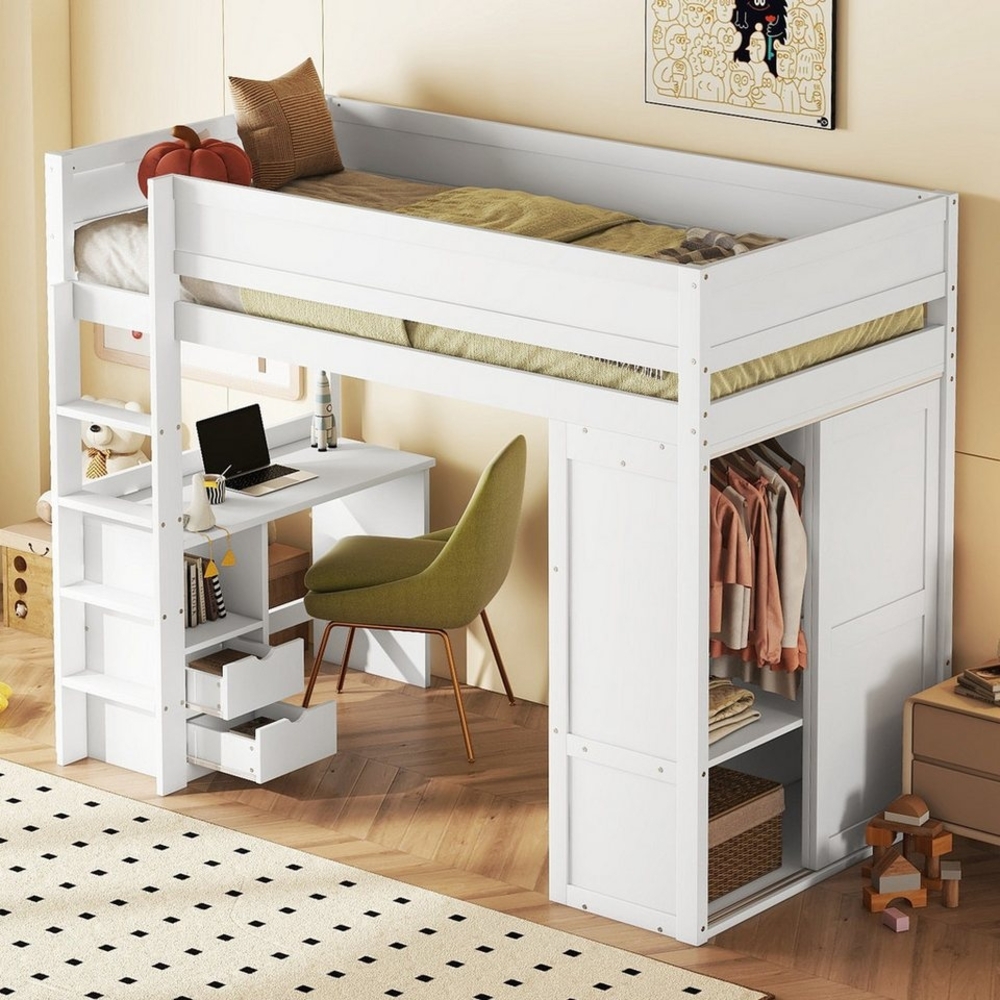 SOFTWEARY Hochbett mit Lattenrost, Schreibtisch und Kleiderschrank (90x200 cm) Kinderbett mit Rausfallschutz Bild 1