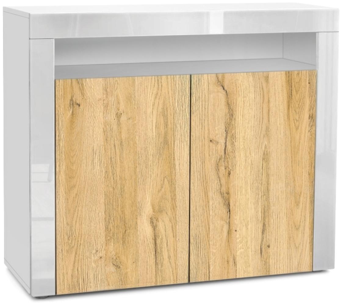 Vladon Kommode Valencia, Sideboard mit 2 Türen und 1 offenem Fach, Weiß matt/Eiche Natur/Weiß Hochglanz (108 x 92 x 40 cm) Bild 1