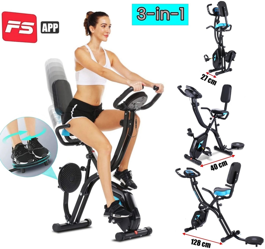 LUCKZON Heimtrainer 3 in 1 Ergomet mit APP LCD-Display klappbar Liegend u. stehend, 10-stufig einstellbarer Widerstand Twister-Platte Blau-Schwarz Bild 1