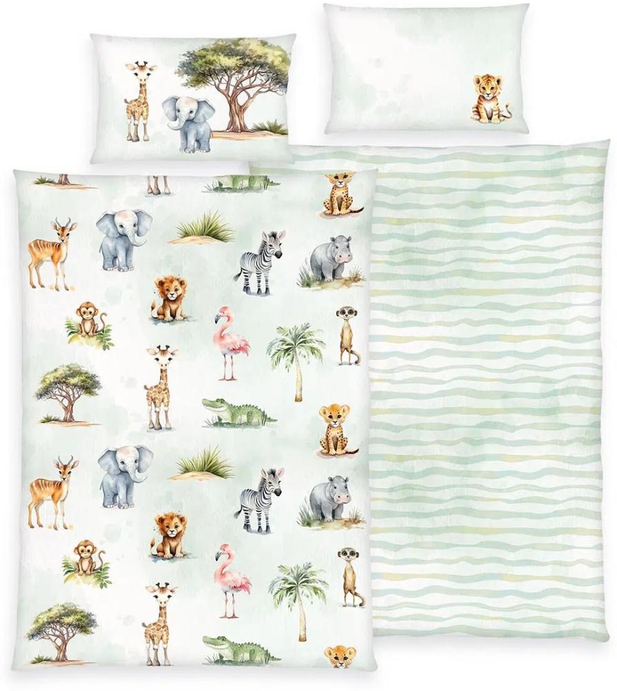 Herding Flanell Baby Kinder Bettwäsche Safari Zoo Tiere blau-grün 100x135 cm Bild 1