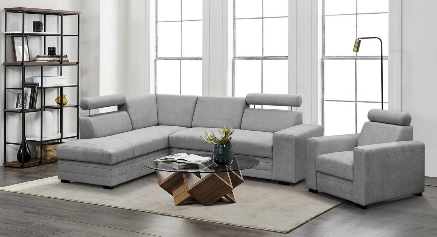 Beautysofa Polstergarnitur Roma Die Lieferung beinhaltet die Lieferung in die Wohnung, (modernes Set Eckgarnitur mit Sessel, Schlaffunktion, Bettkasten, verstellbare Kopfstützen), gepolstertes Ecksofa mit Sessel aus Bonnell-Federn für Wohnzimmer Bild 1