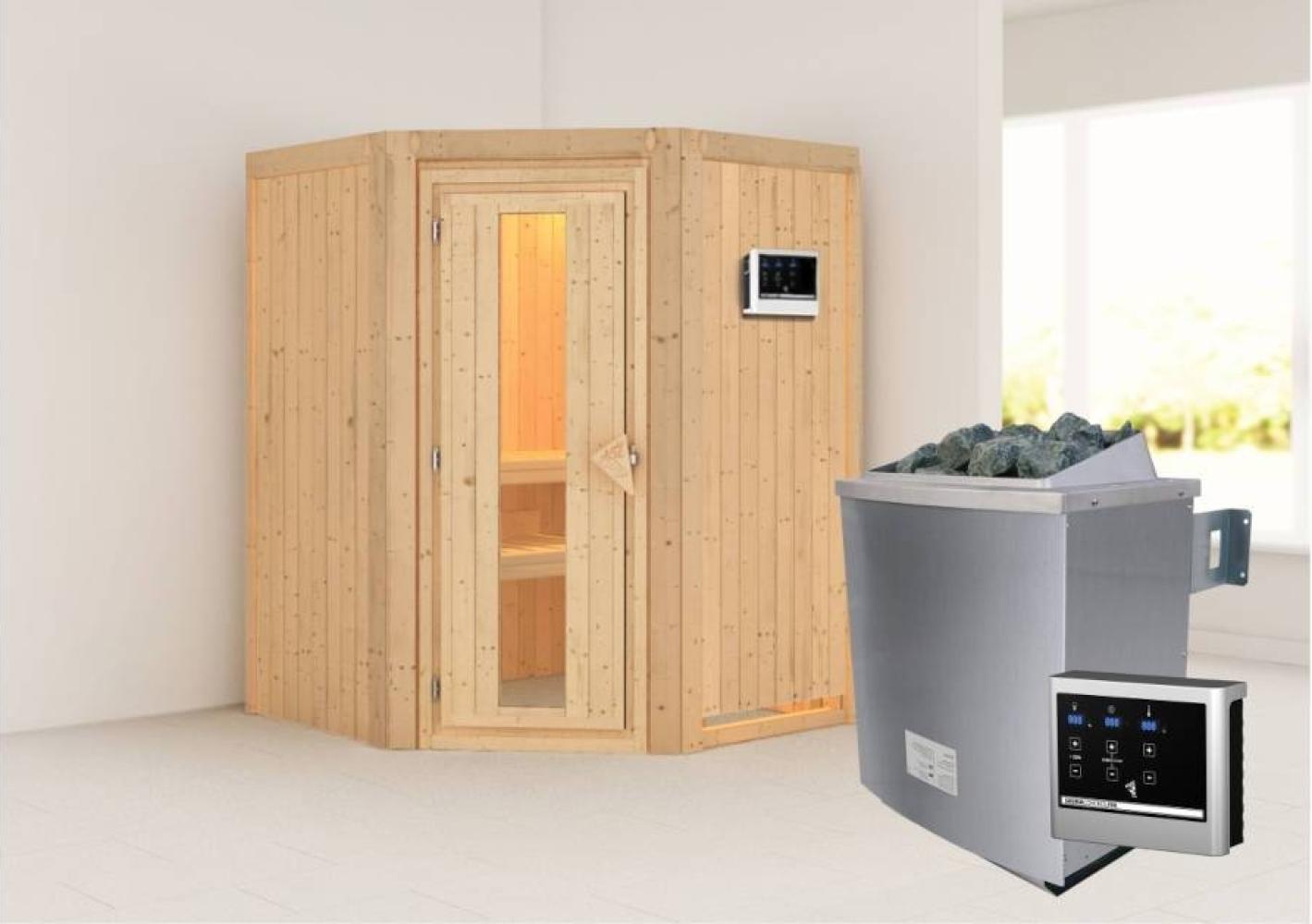 Karibu Sauna Larin + 9kW Saunaofen mit ext. Steuerung Easy Energiespartür Bild 1