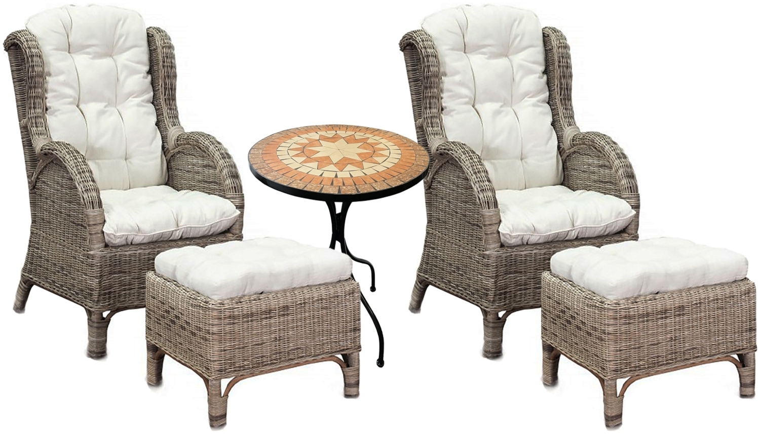 Luxus Rattan Set 2 x Relaxsessel mit Fußhocker + Mosaiktisch Bild 1