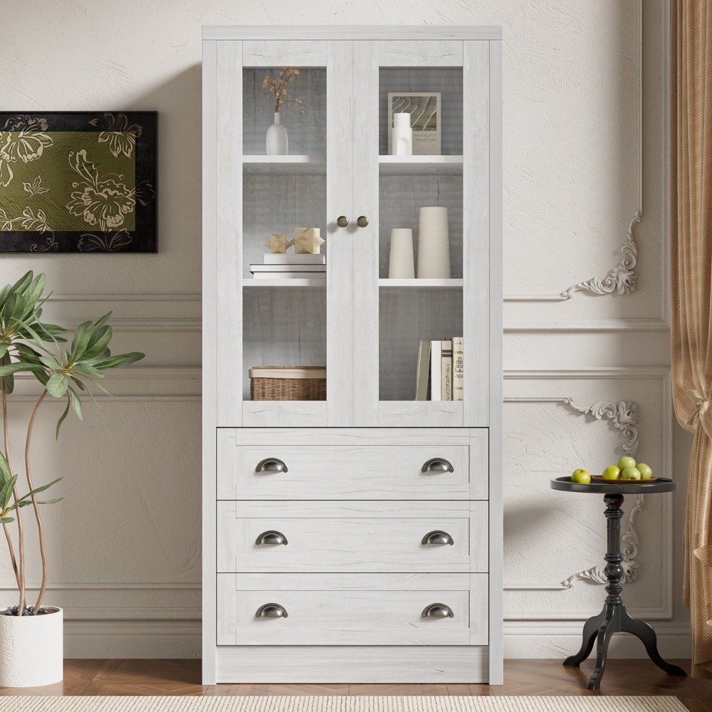 Modernes Highboard 80 x 34 x 171 cm – Holzoptik mit Glastüren und 3 Schubladen Bild 1