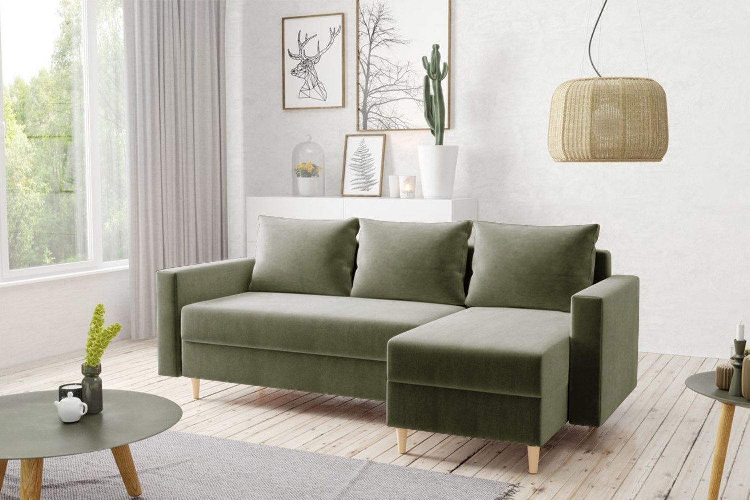 AX LIVING Walston 3-Sitzer Couch mit Schlaffunktion – Ecksofa Samt 224cm Olivgrün Bild 1