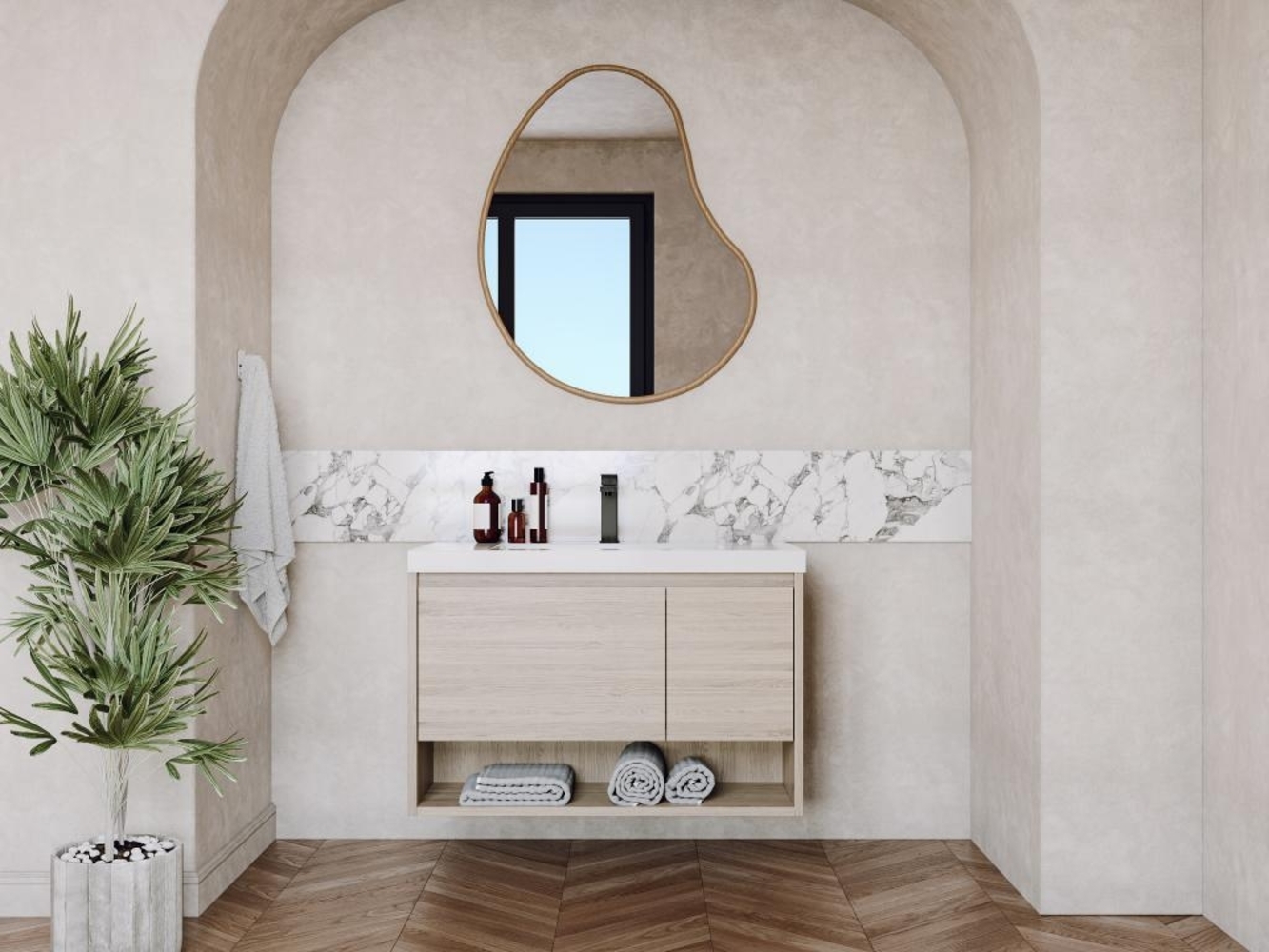 Vente-unique - Waschbeckenunterschrank hängend mit Einzelwaschbecken - Holzfarben hell - 90 cm - PUJUKA Bild 1