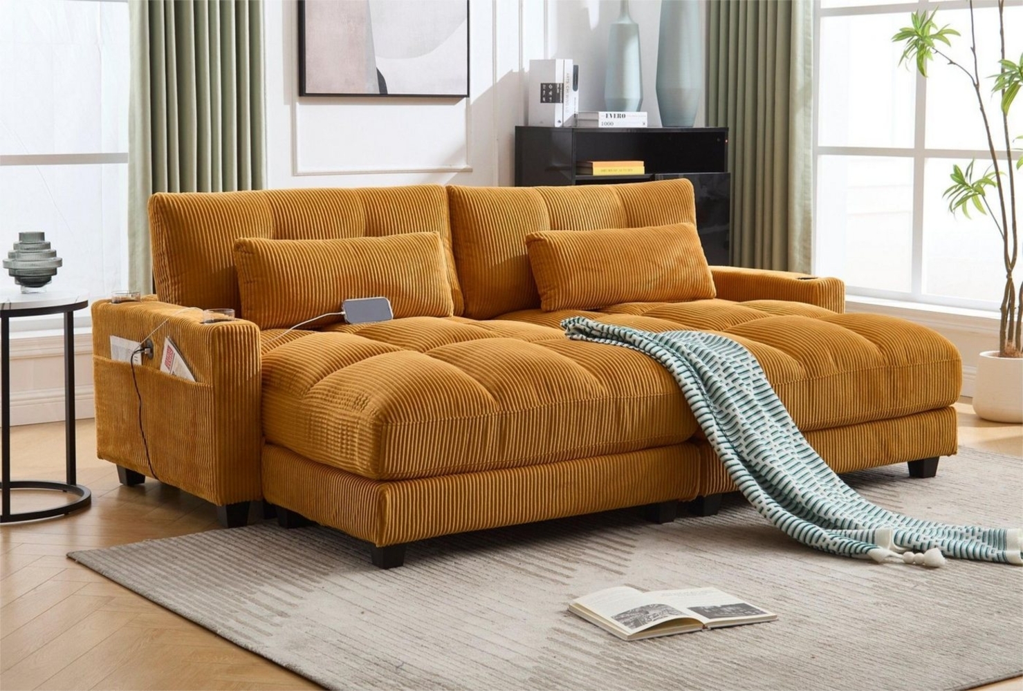 LVHOM Polsterliege NEUE! Loungesofa/Polsterbett/Daybett/Gästebetten/Schlafsofa, Streifen (USB/Typ C-Ladeanschlüssen, Seitentaschen, Getränkehalter, modularer Flexibilität Palmen Sessel, links & rechts tauschbare Armlehnen, Schlaffunktion, Nachhaltig & ... Bild 1
