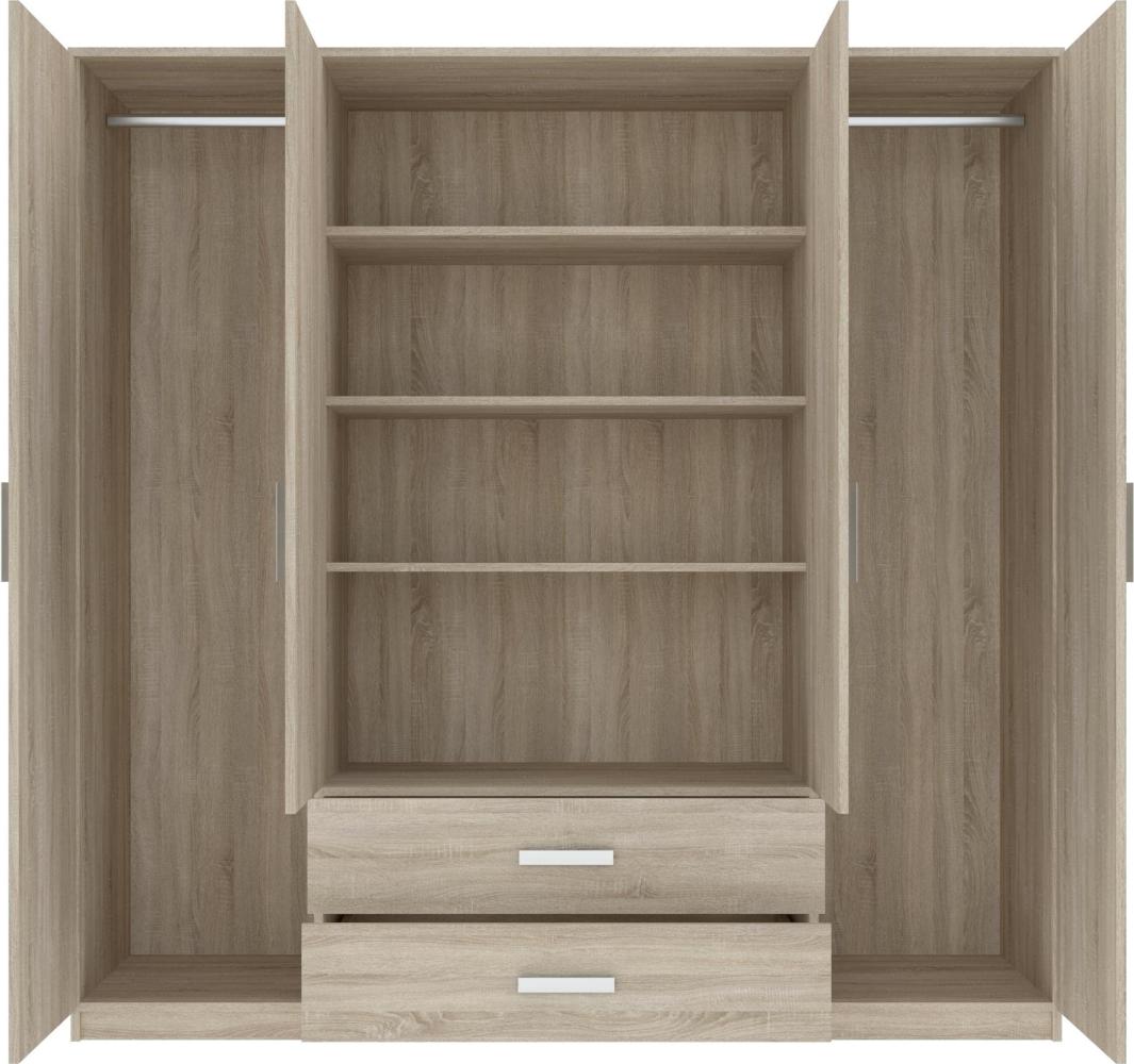 Oggi Saravena 4türiger Kleiderschrank 2 Schubladen 4 Einlegeböden B 200 cm H 200 cm Modernes Design Schichtstoffplatte für Wohnzimmer Schlafzimmer Arbeitszimmer Eiche Sonoma Bild 1