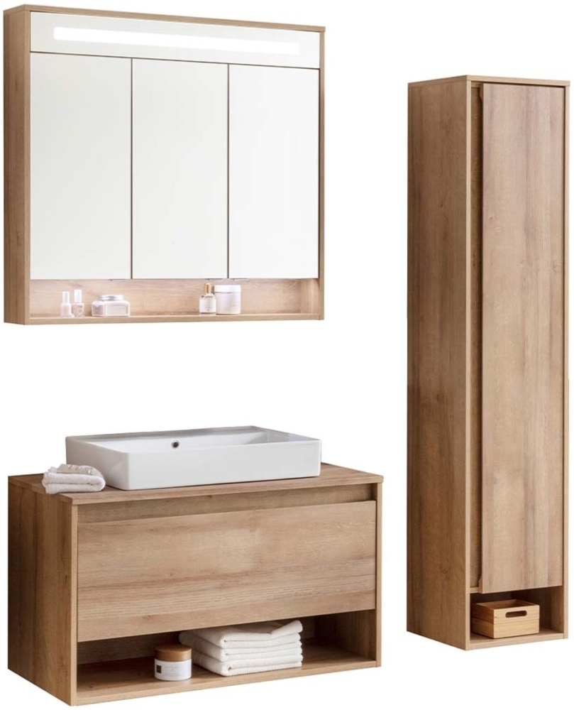 Fackelmann NATURA Badmöbelset 4-teilig, 94 cm, Braun hell + Spiegelschrank + Hochschrank rechts Bild 1
