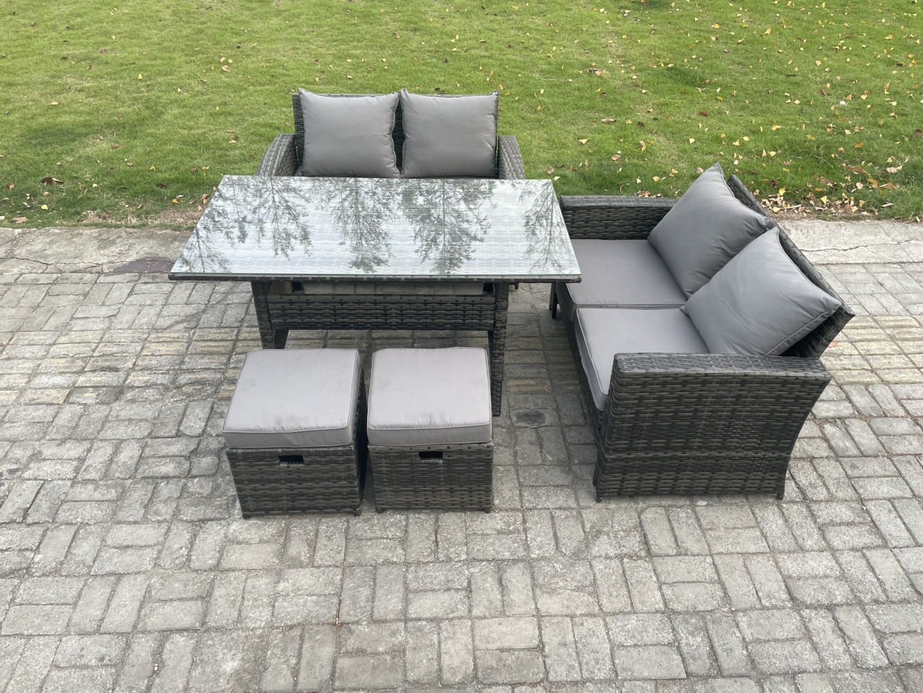 Fimous 6 Sitzer Polyrattan Gartenmöbel-Set Liebe Sofa Outdoor Rechteckiger Esstisch 2 kleine Fußhockern Dunkelgrau gemischt Bild 1