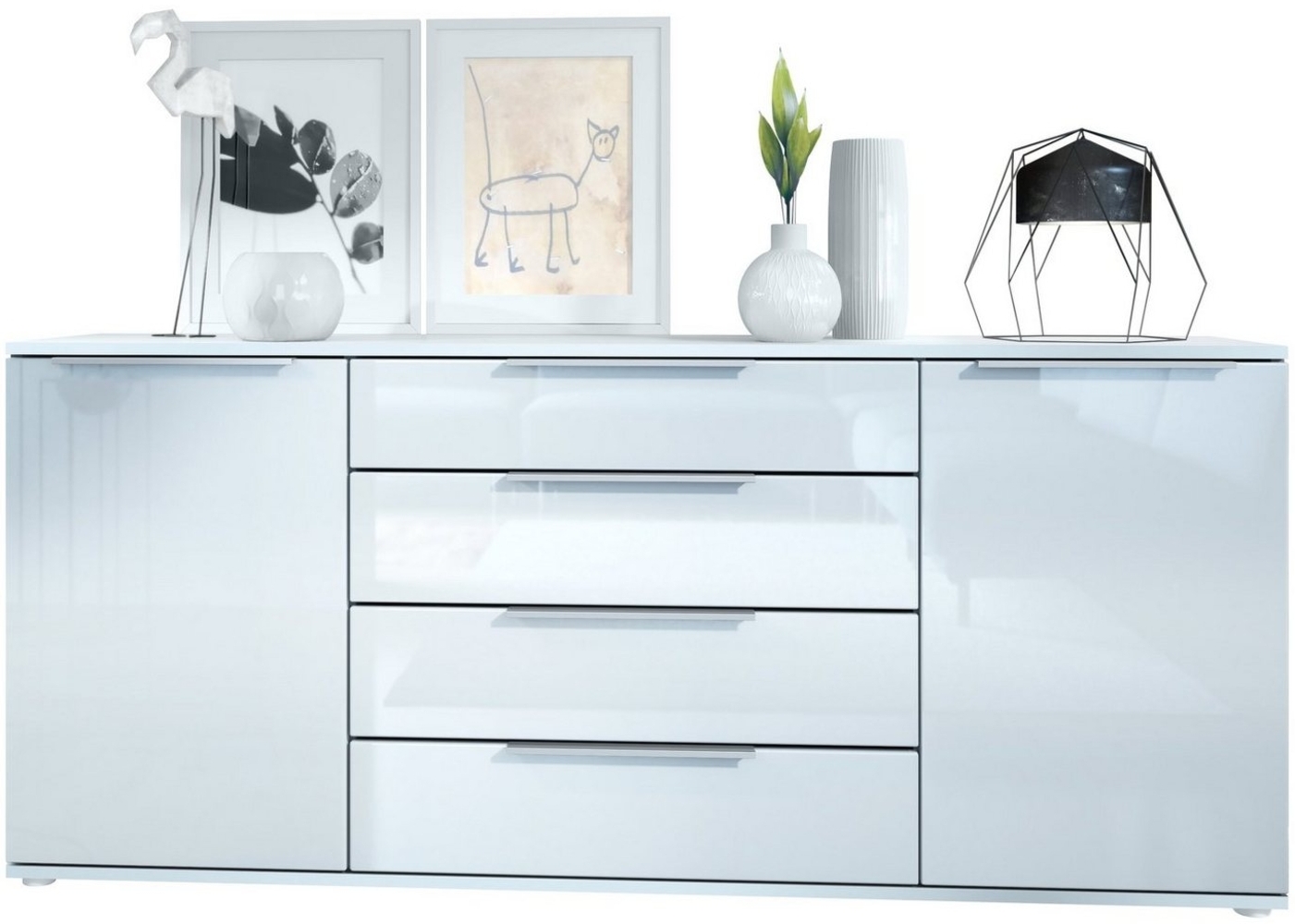 Vladon Sideboard Linio V2 166,5 x 72,5 x 35 cm Anrichte mit 2 Türen und 4 Schubladen, Korpus in Weiß matt, Fronten in Weiß Hochglanz Bild 1