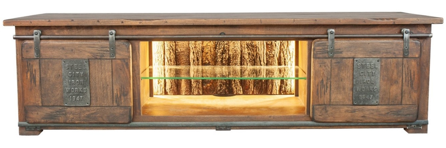 Woodroom Lowboard Pali (Mango massiv gewachst dunkelbraun lackiert 180x50x55 cm, 2 Rolltüren, inkl. Beleuchtung), Lowboard, TV-Board, Fernsehschrank Bild 1