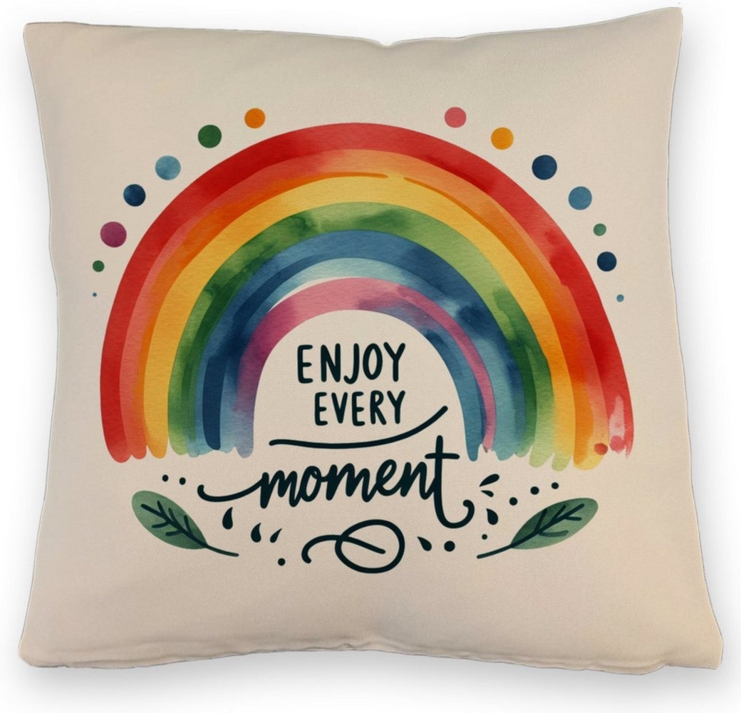 speecheese Dekokissen Regenbogen Kissen mit Leinenoptik mit Spruch Enjoy every moment Bild 1