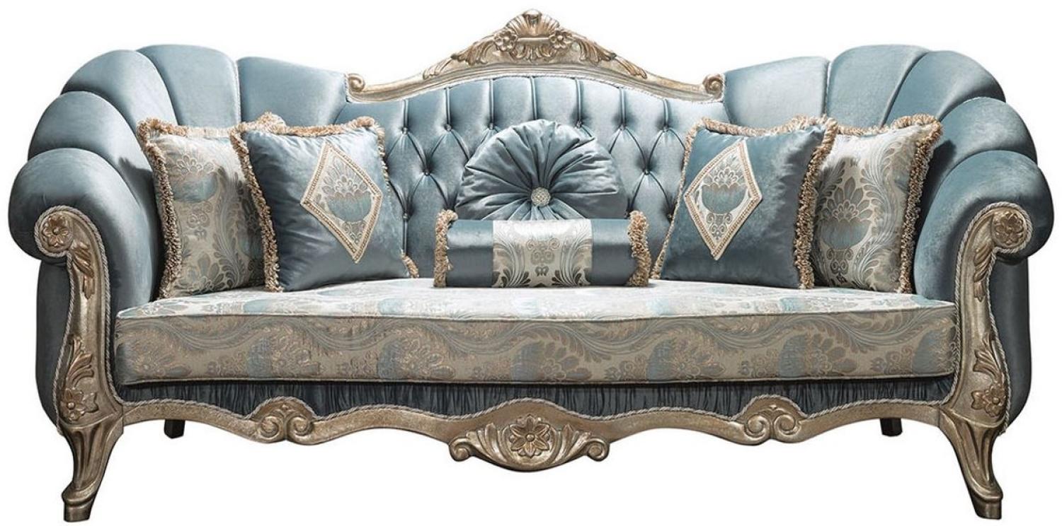 Casa Padrino Luxus Barock Sofa Türkis / Antik Silber 220 x 90 x H. 110 cm - Edles Wohnzimmer Sofa mit Glitzersteinen und dekorativen Kissen - Barock Möbel Bild 1