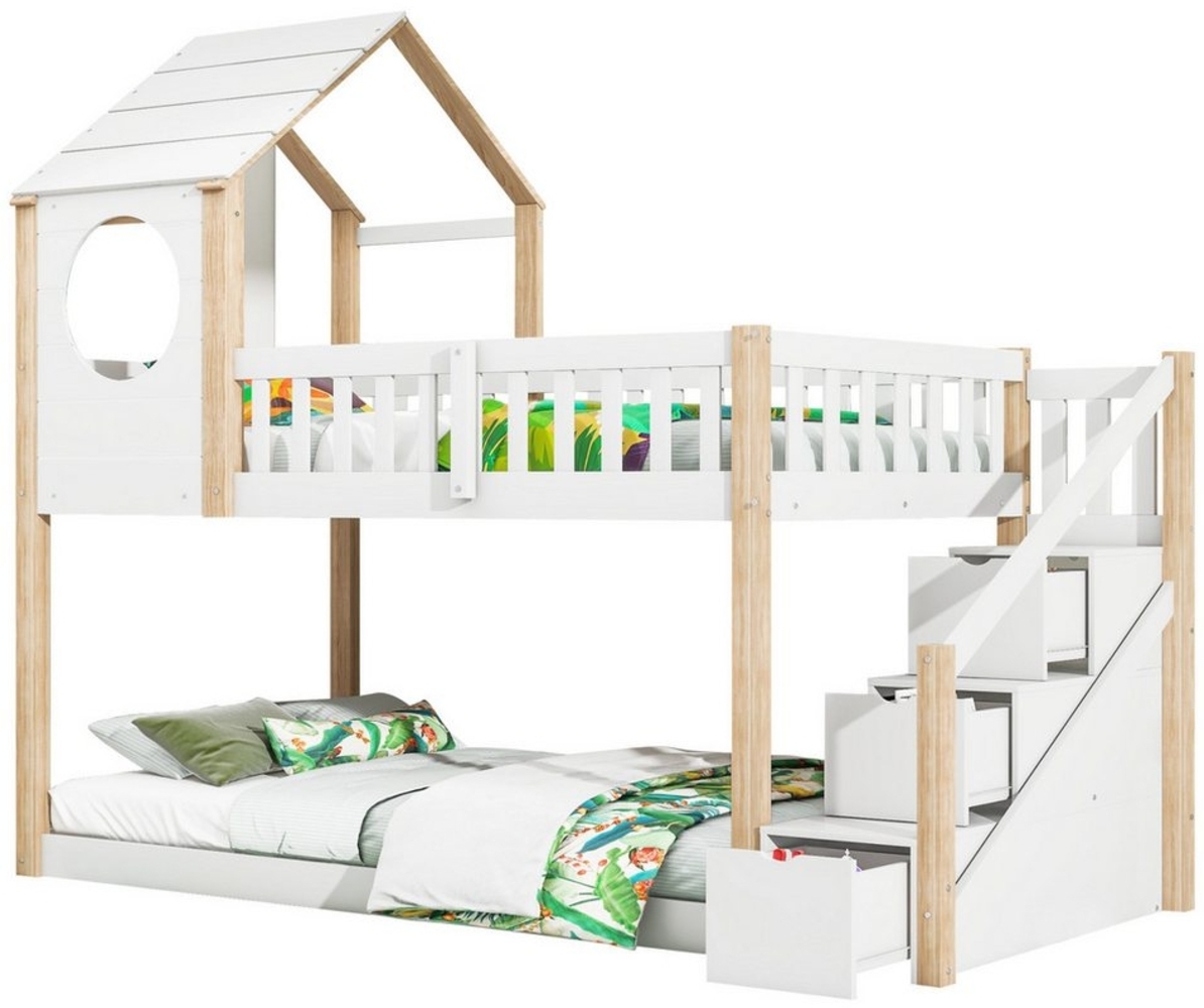 Flieks Etagenbett, Hochbett Kinderbett Hausbett mit 3 Stauraumschubladen 90x200cm Bild 1