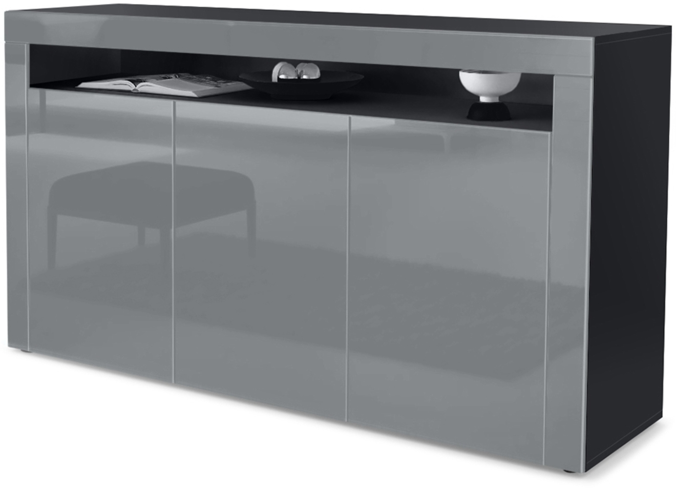 Vladon Sideboard Valencia, Kommode mit 3 Türen und 1 offenem Fach, Schwarz matt/Grau Hochglanz/Grau Hochglanz (155 x 92 x 40 cm) Bild 1