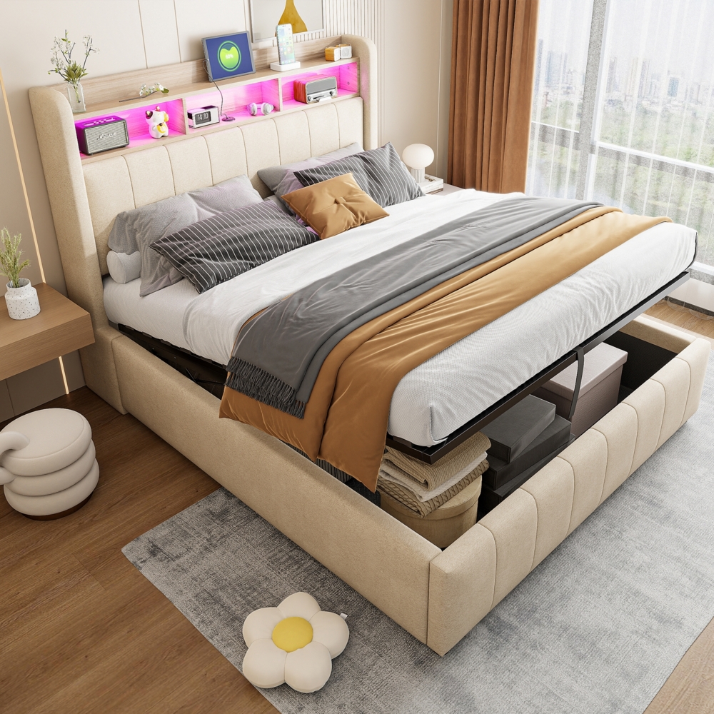 Beiges Polsterbett 140x200 cm Mit LED Beleuchtung Und Hydraulischem Stauraum Doppelbett Mit USB Type C Anschlüssen 250 Kg Tragkraft Bild 1