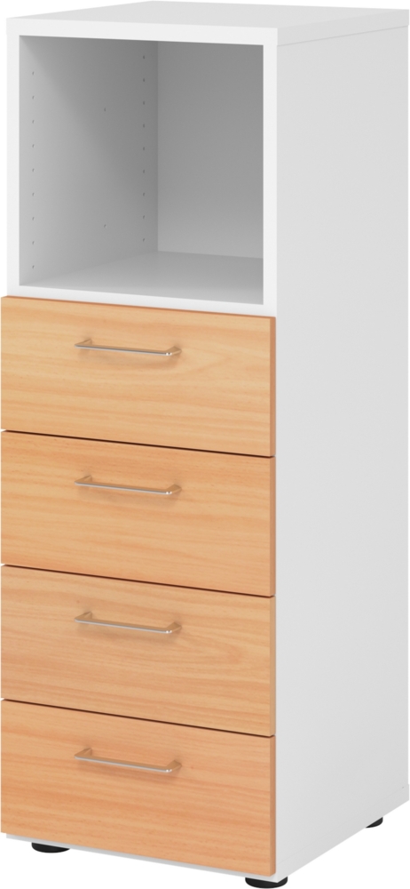 bümö smart Schubladenschrank, Büroschrank in Weiß/Buche mit 4 Schüben & 1 Regalfach - Bürocontainer aus Holz, Container mit Metallgriffen & Soft-Stop Schubladen, 934S4-W-6-BS Bild 1