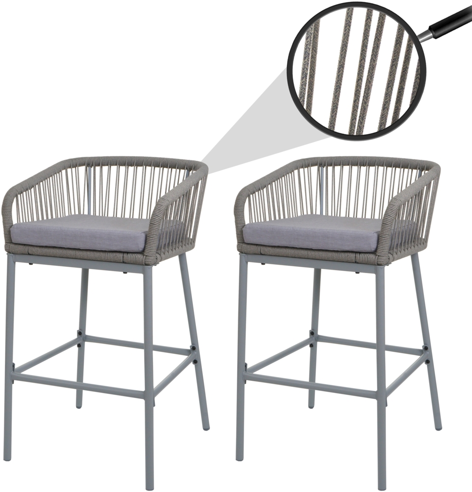 2er-Set Rope-Barhocker HWC-O22, Tresenhocker, Outdoor Sitzpolster Seilgeflecht Metall ~ hellgrau, Kissen hellgrau Bild 1