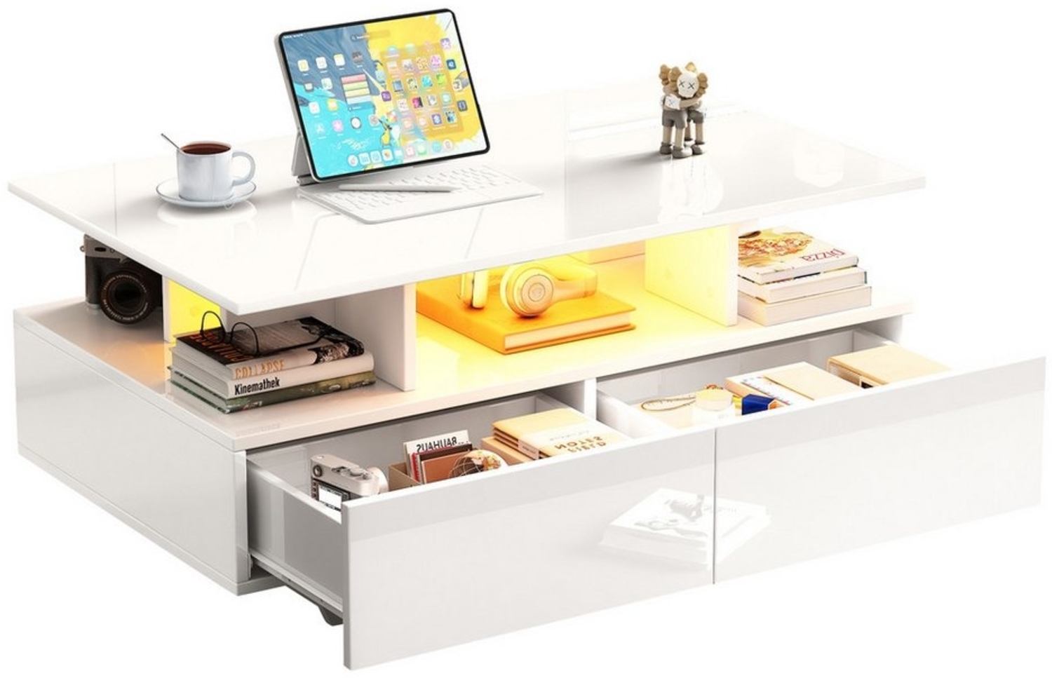 MODFU Couchtisch hochglanz Sofatisch mit LED-Beleuchtung (Hochglanz-Wohnzimmetisch, Beistelltisch mit versteckem Stauraum, 1-St, 2 Schubladen), mit LED-Beleuchtung Bild 1