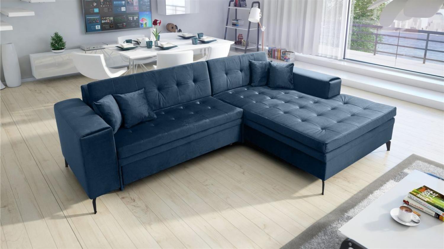 Ecksofa mit Schlaffunktion CHARLES in Stoff Monolith Blau Ottomane Rechts Bild 1