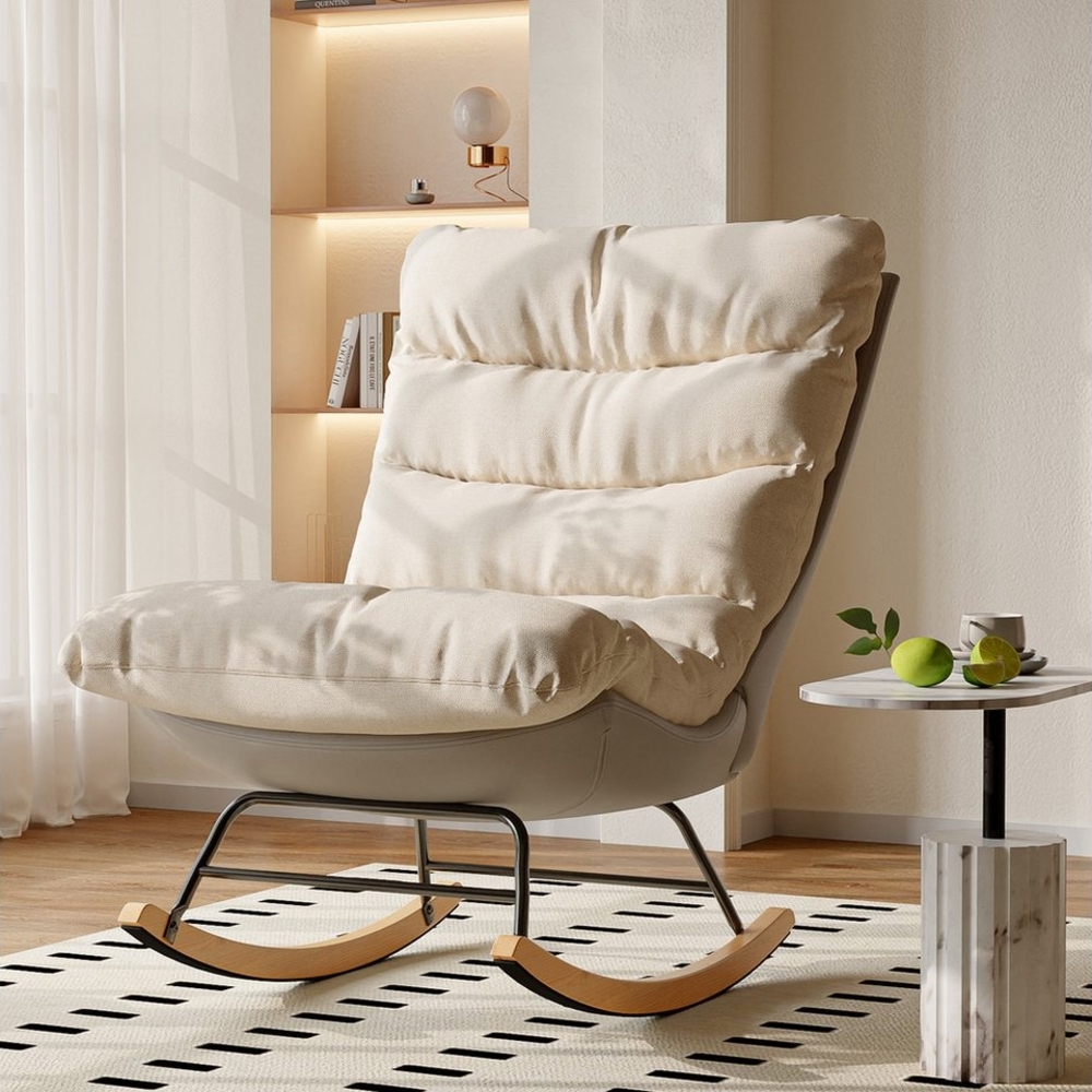 FUROKOY Schaukelstuhl Stillsessel Relaxsessel Schaukelsessel, (Abnehmbares Sitzkissen,Rutschfeste Beine aus Massivholz,Leinen), Beige+Grau Bild 1