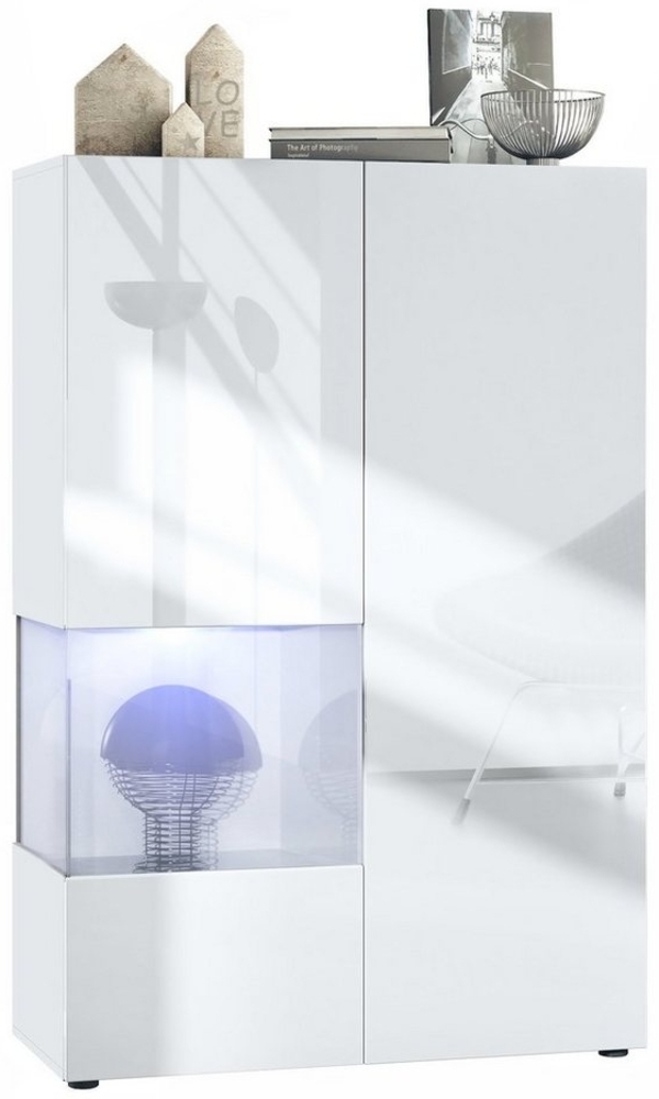 Vladon Vitrine Morena V2, Standvitrine mit 2 Türen und Glaseinsatz, Korpus Weiß matt, Fronten Weiß Hochglanz, Cube Weiß Hochglanz inkl. LED-Beleuchtung Weiß (91,5 x 136,5 x 37 cm) Bild 1