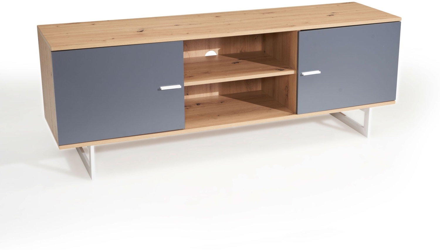 Lowboard Eiche-Dekor Grau 150 x 55 x 40 cm TV-Kommode Modern, Design TV-Schrank Hoch, Fernsehtisch Fernsehschrank mit zwei Türen, Fernsehkommode Wohnzimmer Bild 1