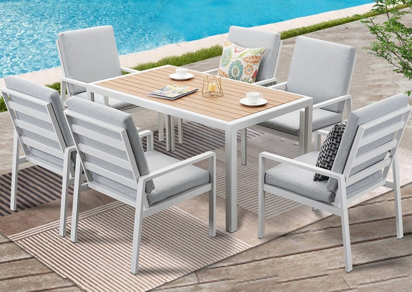 MeXo Gartenlounge-Set Gartengarnitur Set Aluminium, (Garten Essgruppe für 6 Personen, 7-tlg, 6 Sessel, 1 Esstisch, inkl. Auflagen), Gartenmöbel Set wetterfest und platzsparende Bild 1