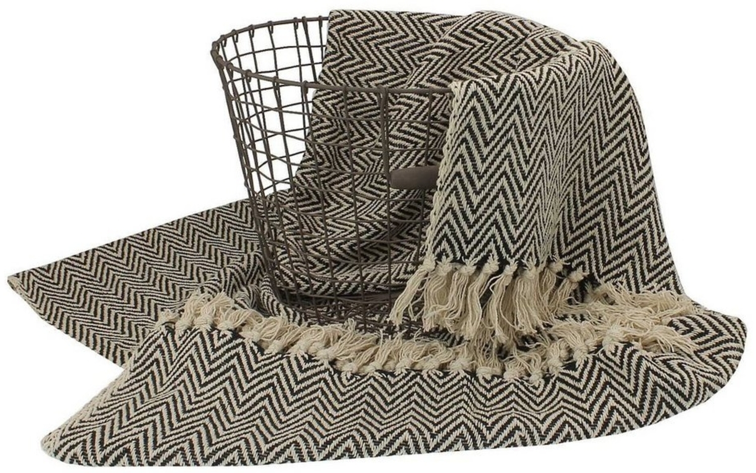 Wolldecke Hochwertige Wohndecke Schwarz Beige mit Fischgrät-Muster, Macosa Home, 100% Baumwolle Fransendecke Plaid Sofadecke Wolldecke Reisedecke Bild 1