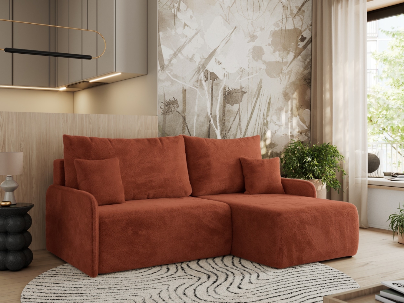 Ecksofa für das Wohnzimmer, mit losen Kissen, Schlaffunktion und Bettkästen, L-förmiges Ecksofa mit Armlehnen, Wellenfeder - ARPA - Orange Plüschstoff - rechte Seite Bild 1