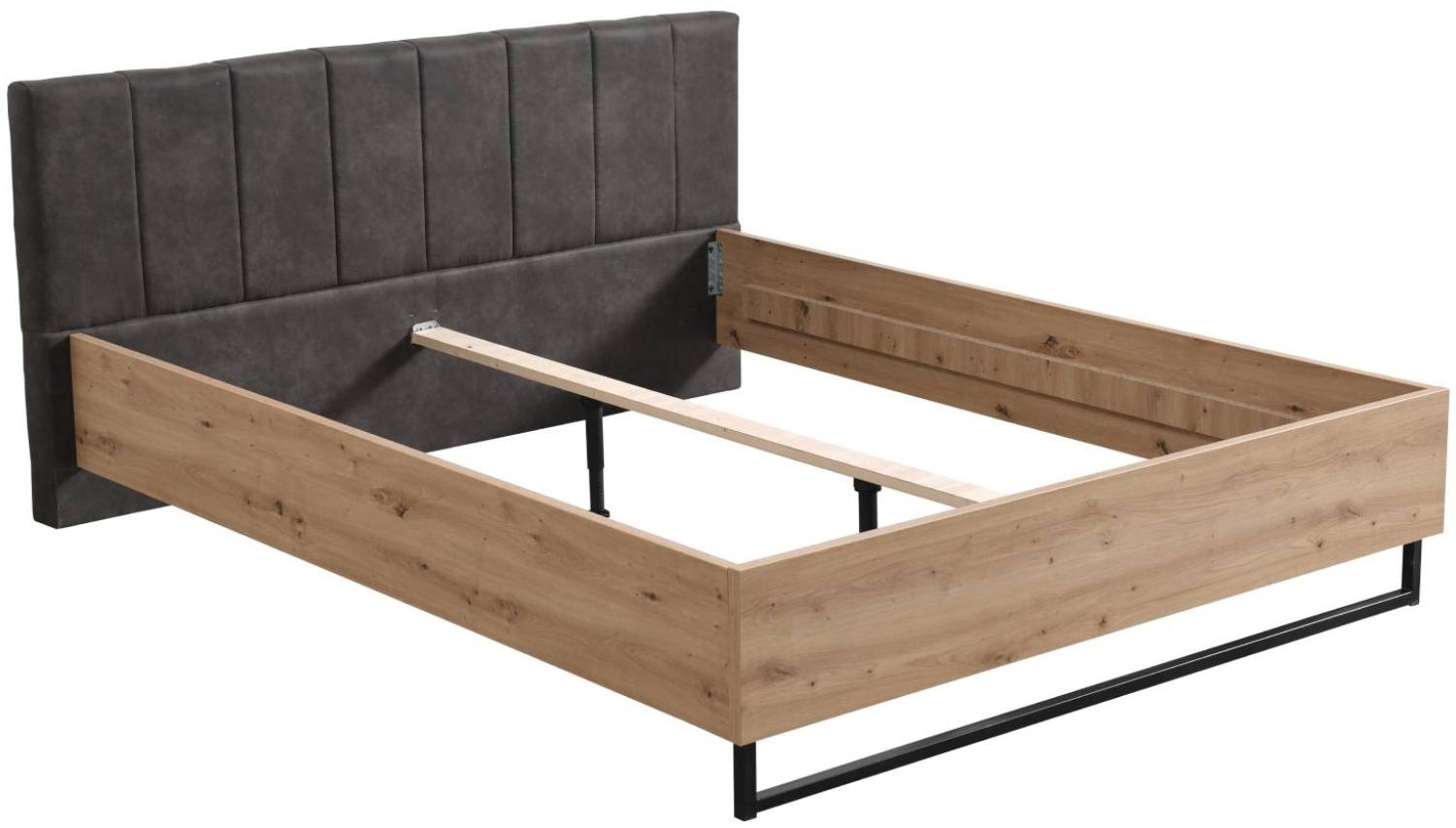 Doppelbett Holzbett Polsterbett 180x200 cm Bett Eiche Stoff Grau Bettgestell Industrial Style Bild 1