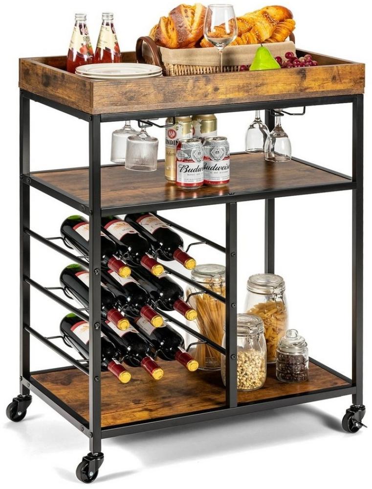 COSTWAY Servierwagen, mit Rollen, Weinregal&Glashalter, 3 Ebenen 71x44x93,5cm Bild 1