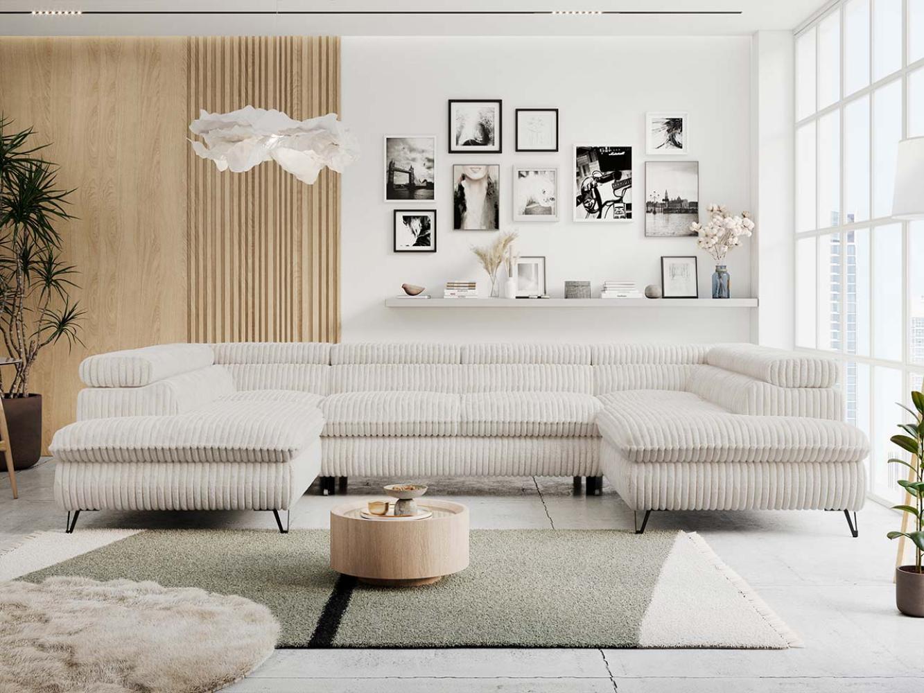 Ecksofa U-Form, mit Bettkasten, Bettfunktion und Einstellbare Kopfstützen, Sofa big XXL - PETER U - Creme Cord - Topper T25 Bild 1