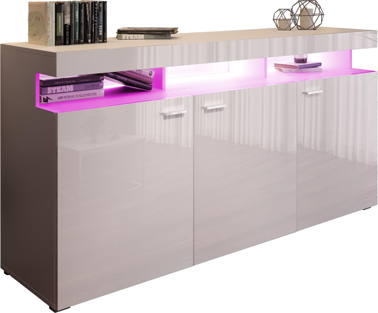 Domando Sideboard Mondello M2 Modern für Wohnzimmer Breite 179cm, Hochglanz, RGB LED Beleuchtung mit wechselbarer Farbe in Weiß Matt und Weiß Hochglanz Bild 1