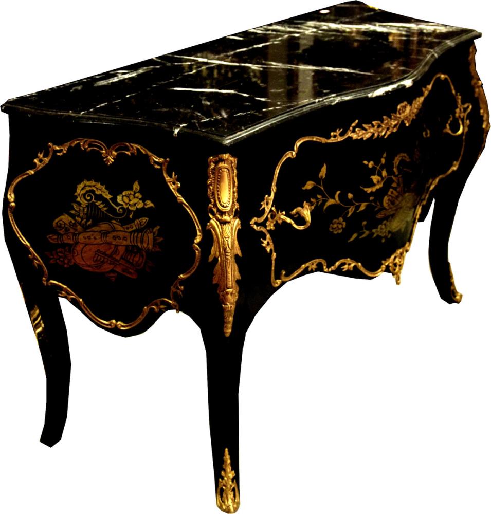 Casa Padrino Barock Kommode Schwarz / Gold 130 cm mit Metallapplikationen und Marmorplatte Bild 1