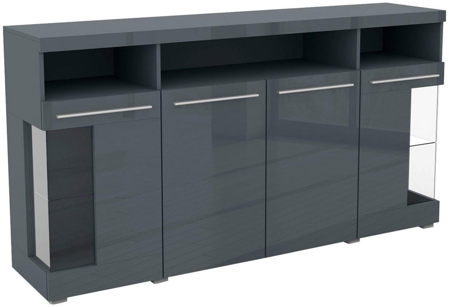 Sideboard India Kommode 182x38,5x92cm grau Hochglanz mit Glastüren Bild 1