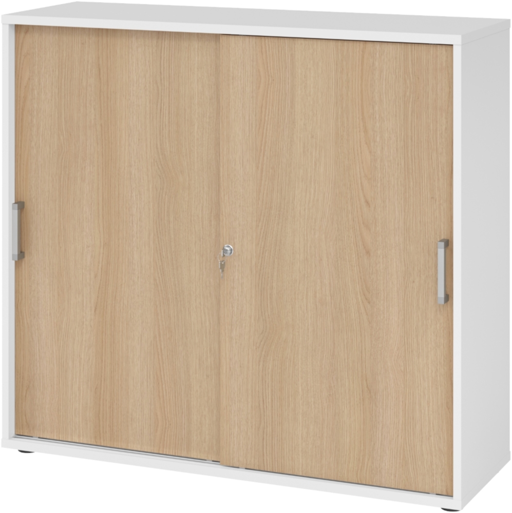 bümö Schiebetürenschrank 3OH - Aktenschrank abschließbar, Sideboard Schrank mit Schiebetüren in Weiß/Eiche, Chromgriff - Büroschrank aus Holz mit Schiebetür, Büro Kommode für Ordner & Co, 1753S-W-E-CE Bild 1