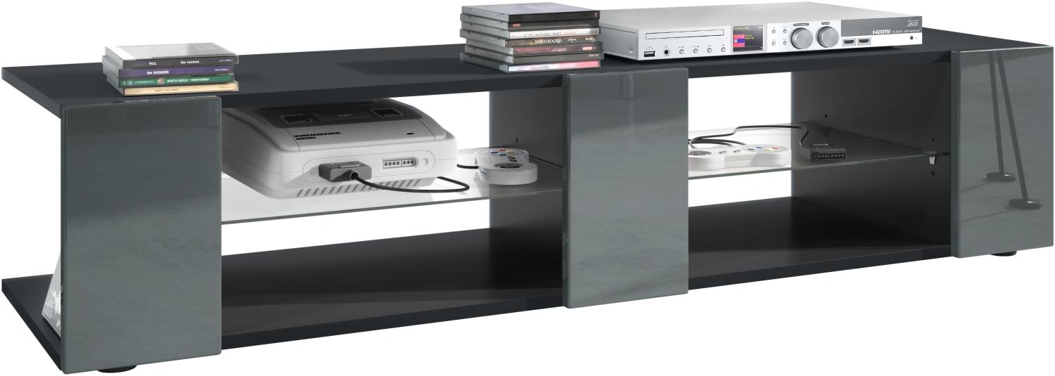 Vladon Lowboard Movie V2, TV-Kommode mit 6 offenen Fächern und Zierleisten, Schwarz matt/Grau Hochglanz (134 x 29 x 39 cm) Bild 1