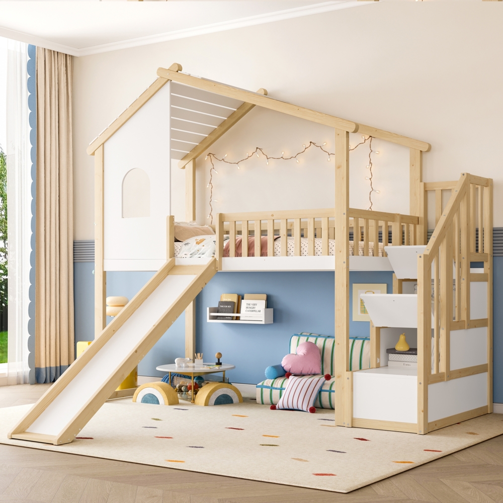 Merax Hochbett, Hausbett, Kinderbett 90x200cm, Bettgitter, Stauraumleiter, Fenster, Rutsche, Hausleiste, Natur+ Weiß Bild 1