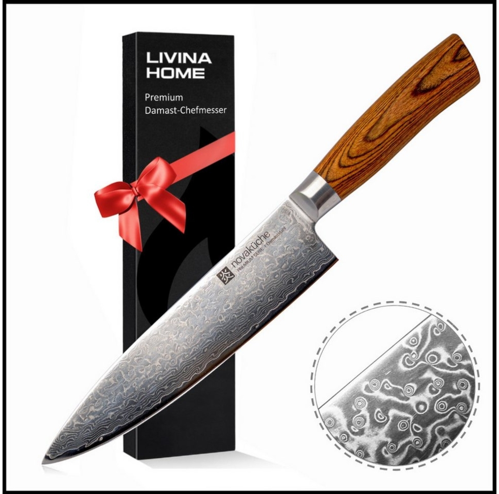 LIVINA HOME Damastmesser Profi Chefmesser mit scharfer 20 cm Klinge aus 67 Lagen Damaststahl, Damast Messer Japanischer Art, inkl. Geschenkbox, X-MAS Aktion Bild 1